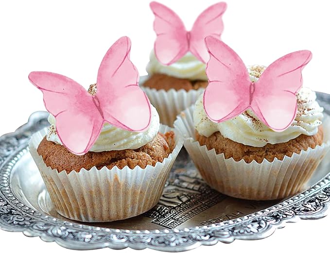 52 pieces edible wafer paper butterfly cake decoration, suitable for weddings, birthdays, Christmas parties to decorate cookies, donuts, cocktails, cupcake tops (Watercolor pink)