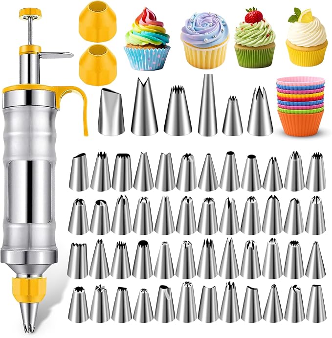 NOVANO Dessert Decorating Syringe Set, Yellow | Frosting Piping Kit, Stainless Steel, 54 Piping Tips, 9 Silicone Cupcakes