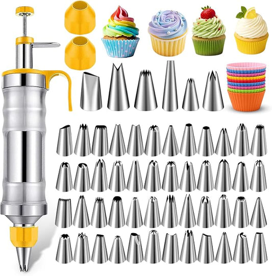 NOVANO Dessert Decorating Syringe Set, Yellow | Frosting Piping Kit, Stainless Steel, 54 Piping Tips, 9 Silicone Cupcakes