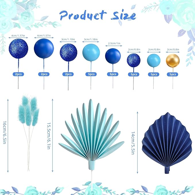 38 PCS Balls Cake Toppers Palm Leaves Cake Decorations for Birthday Wedding Baby Shower Party Supplies (Blue)