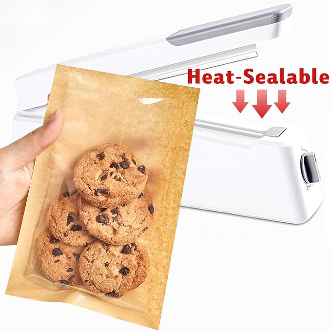 Ocmoiy Clear Front Paper Cookie Bags, 5.1x7.5 Inches, 100 Pcs | Seal Heat-Sealable, Grease-Resistant, Bakery Bags with Window, Small Treat Bags, Cookies Packaging Favor Bags