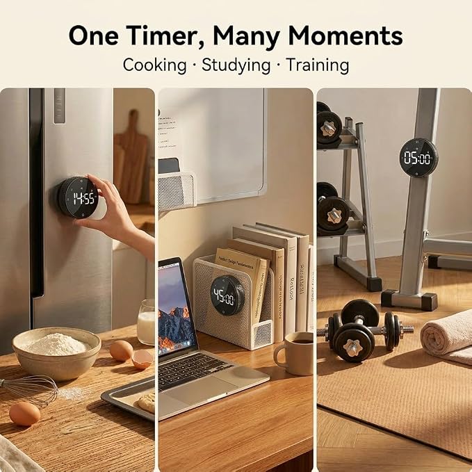 Rechargeable Magnetic Kitchen Timer, LED Countdown/Count-Up Timer, Supports USB-C Charging, with Loud Alarm, 3 Preset Quick Times (5/15/25m), Perfect for Kitchen Cooking, Studying, and Fitness