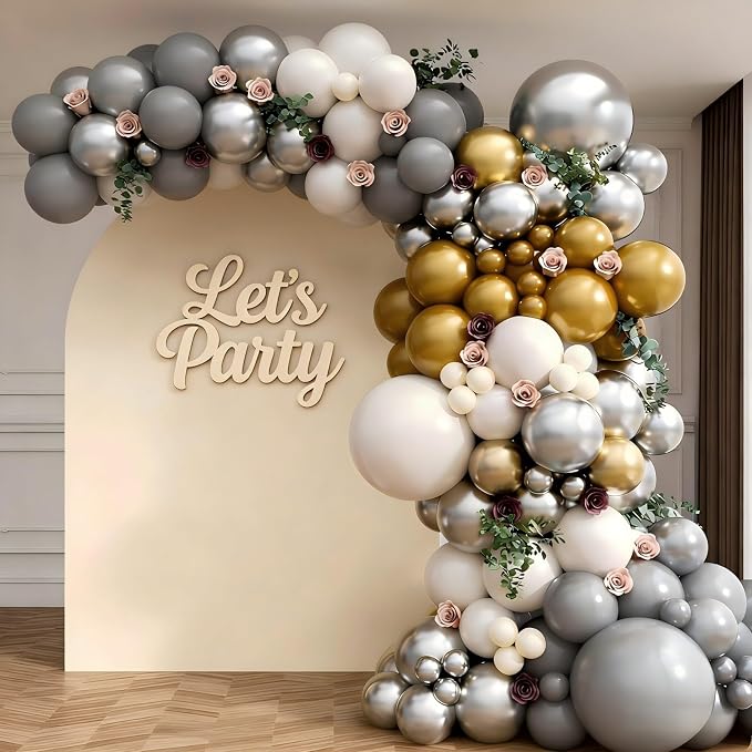 Silver Grey Balloon Garland Arch Kit 143Pcs Sand White Grey Metallic Silver Gold Latex Balloons for Bridal Shower Anniversary Engagement Wedding Birthday Party Decorations
