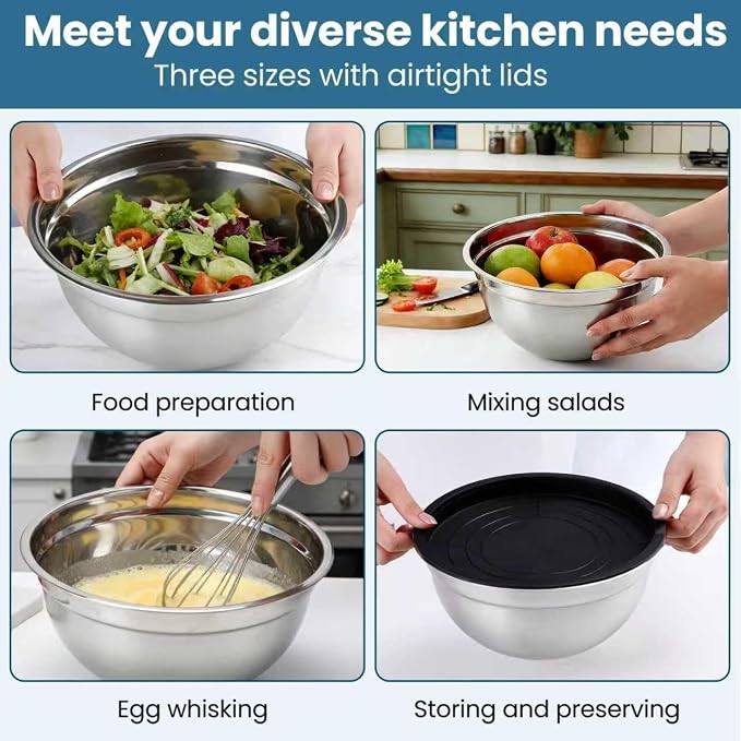 5 Pcs Mixing Bowls with Airtight Lids, Stainless Steel Mixing Salad Bowls with 3 Grater Attachments, Nesting Bowl for Kitchen Cooking, Prepping, Serving, Baking, 0.75/1/1.5/2.5/4.5QT, Black
