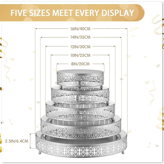 Wenqik 5 Pcs Metal Silver Cake Stand 16/14/12/10/8 Inch Round Cake Holder Display for Dessert Table Cookies Fruit Serving Tray Cupcake Pastry Riser for Wedding Birthday Party and Events