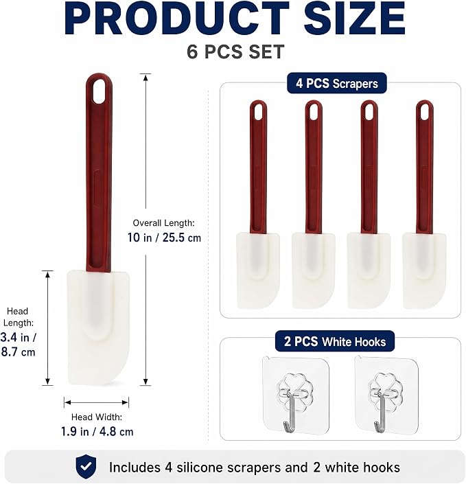4 Pack Silicone Spatula Set with 2 Hooks, Long Handle Kitchen Scrapers