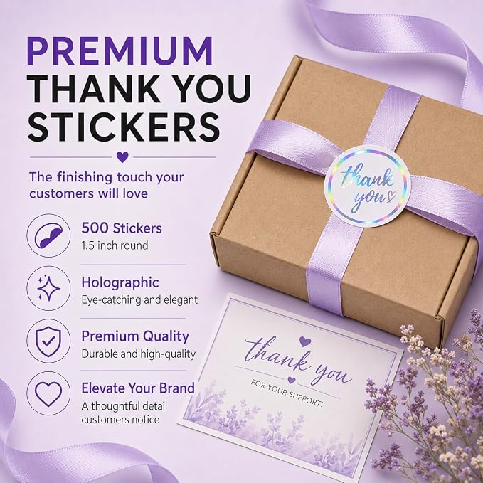Holographic Thank You Stickers 500 Count — 1.5 Inch Iridescent Foil Thank You Labels for Small Business Packaging, Waterproof Self-Adhesive Stickers for Envelopes, Gift Bags, Boxes, Mailers
