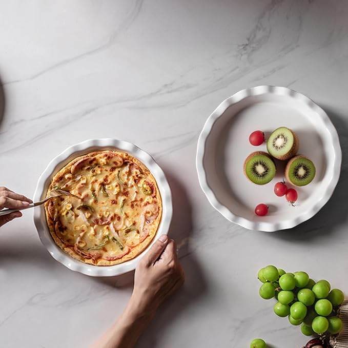 White Deep Dish Pie Pan for Baking-10 Inch Ceramic Fluted Pie Dish for Apple, Quiche, Pecan, Pot Pies, 53Ounce Round Pie Plate