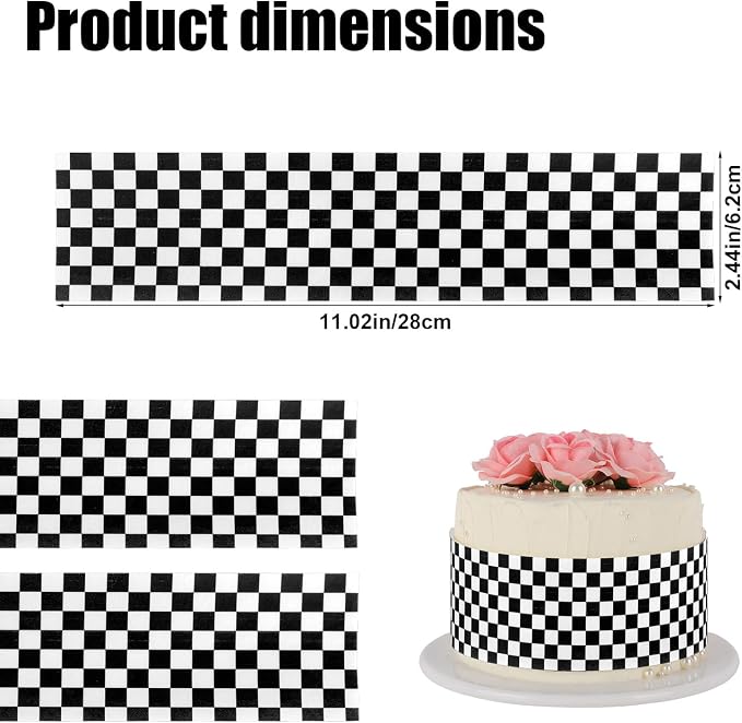 3pcs Edible Cake Borders, 28x6.2cm/11x2.44in Black White Checkered Birthday Cake Decorations Pre-Cut Rice Paper Wrap Strips for Racing Cars Theme Images Birthday Party Dessert Decorations