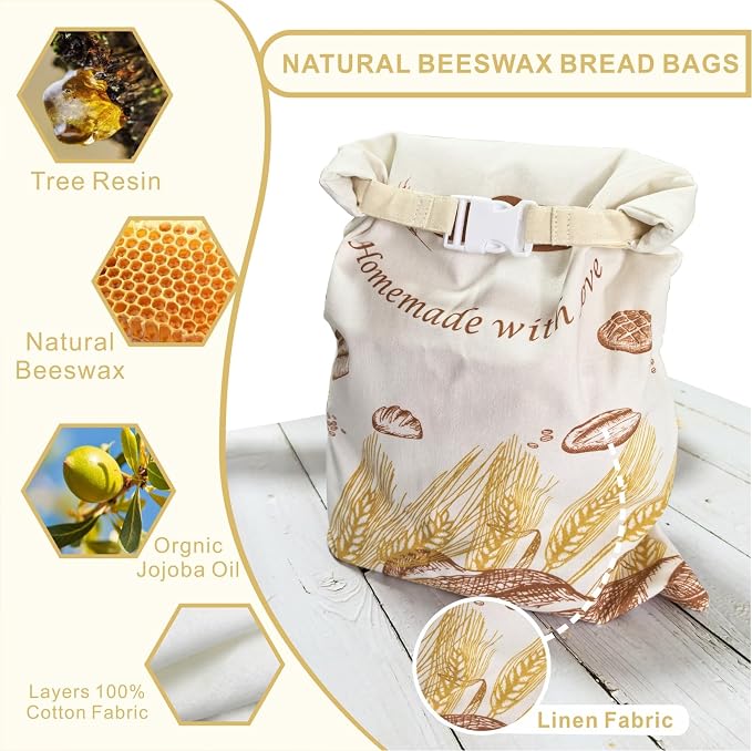 Eco-Friendly Linen Beeswax Bread Bags – Reusable, Sustainable Storage for Homemade Bread, Sourdough, Baked Goods, Fruits & Veggies (2-Pack, 12"x17", Zipper Clousure)