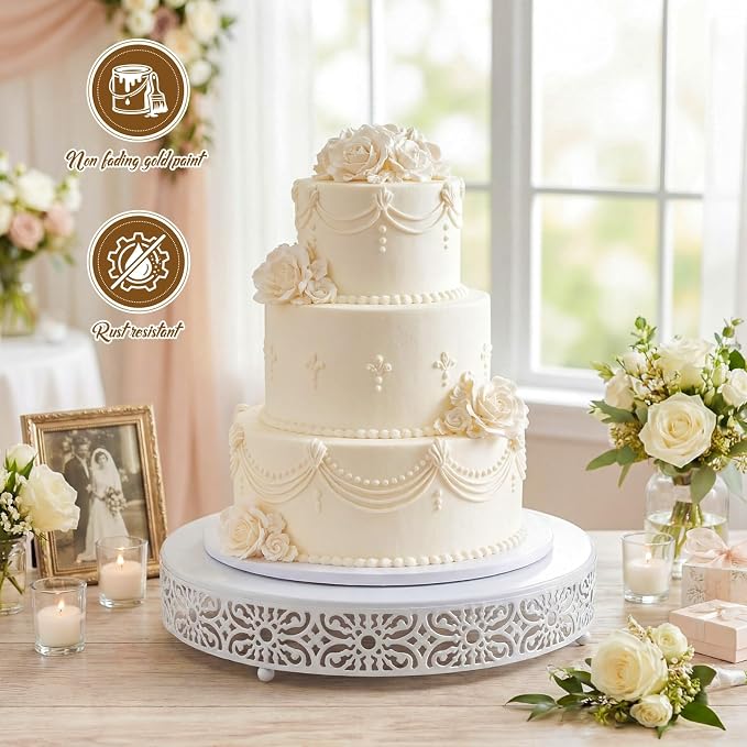 Wenqik 16 Inch Cake Stand Round Metal Cupcake Dessert Wedding Cake Stand Cookies Display Holder Fruit Food Serving Tray for Table Wedding Birthday Anniversary Party Decor (White)