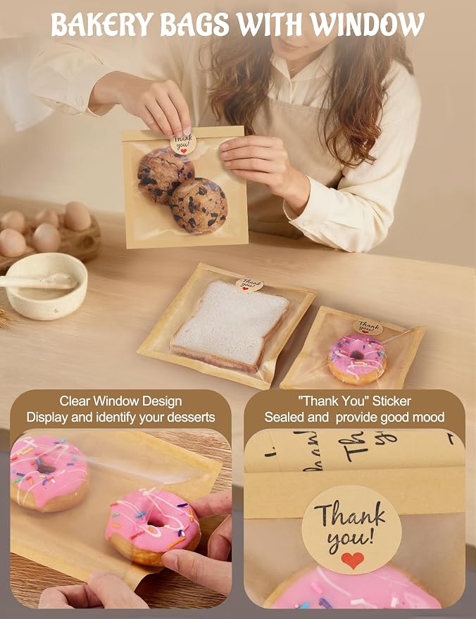 FireKylin 200 Pack Cookie Bags with Heat Sealing, 7.1 x 7.5 Inch Bakery Bags with Window, Grease Resistant Cookie Packing for Treats, Baked Goods, Bagel, Cake Slice, Sandwich (7.1"x7.5"-200pcs)
