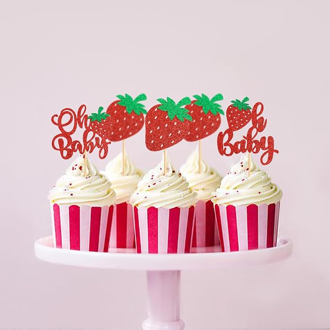 24 Pack Strawberry Oh Baby Cupcake Toppers Glitter Red Strawberries Cupcake Picks for Strawberry Baby Gender Reveal Kids Boys Girls Birthday Party Cake Decoration Supplies