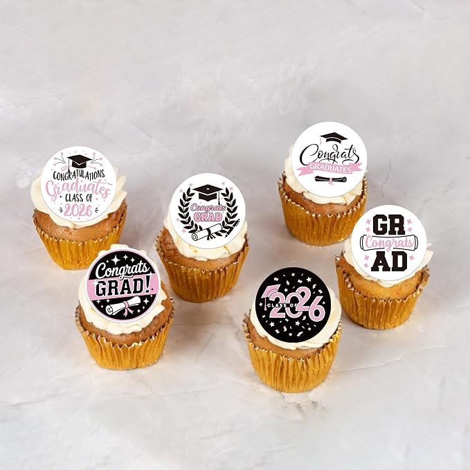 63 PCS Edible 2026 Graduation Cupcake Toppers Diploma Congrats 2026 Grad Cap Class of 2026 Cupcake Picks for Congratulations 2026 Graduations Theme Party Cake Decorations Supplies Pink