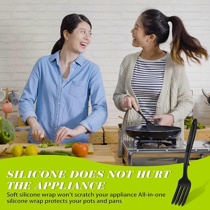 Mixweer 2 Pcs Silicone Flexible Fork 11.6 Inch Silicone Heat Resistant Cooking Fork Large Kitchen Non Stick Spork Ultimate for Mix Ingredients, Mash Food, Whisk Eggs, Baking(Black)