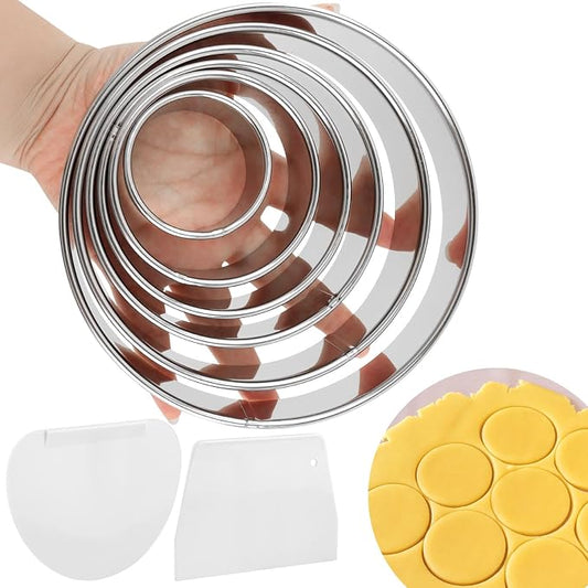 Round Cookie Cutter Set, 6 Pc 2-6 in, 1.2 in Deep, 2 Scrapers | Stainless steel cutters, Plastic scrapers, Dishwasher safe then dry, Not for cuts over 1.2 in depth in one pass
