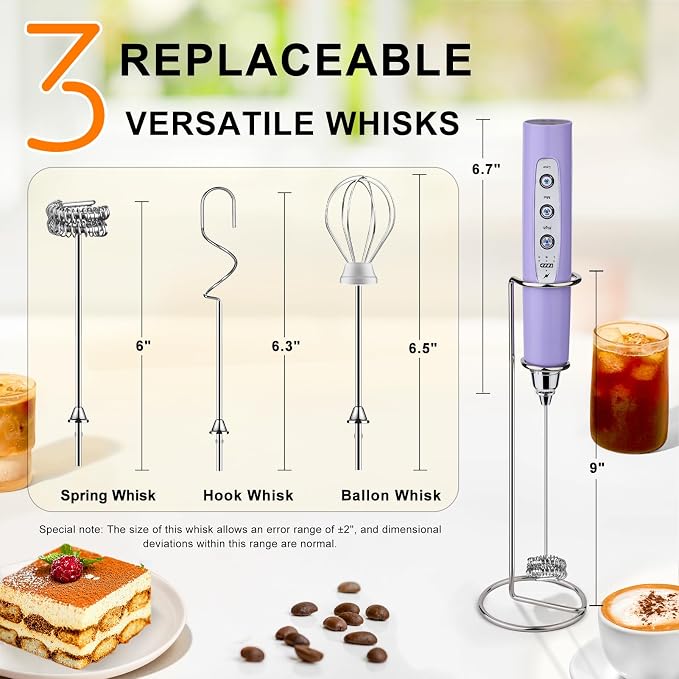 YUSWKO Light Purple Rechargeable Milk Frother for Coffee with Stand, Handheld Drink Mixer with 3 Heads 3 Speeds Electric Stirrers for Latte, Cappuccino, Hot Chocolate, Egg