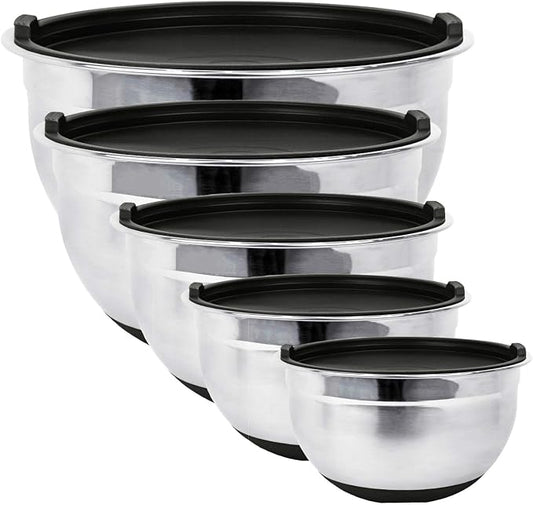 Stainless Steel Mixing Bowls with Lids and Non Slip Bases (Set of 5, Black)