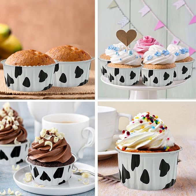100Pcs Aluminum Cups with Lids,5oz Disposable Ramekin Baking Cups Muffin Liners Mini Pie Pans Foil Cupcake Containers for Christmas Party Wedding Party,Cow Print