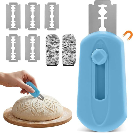 Bread Lame Dough Scoring Tool Set, Professional Sourdough Scoring Tool & Bread Scorer with 5 Razor Blades, Finger Protectors Bread Razor for Artisan Baking Blue
