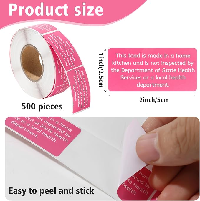 500 Count Cottage Food Law Labels Stickers, 2x1 Inch Made in a Home Kitchen Labels, Pink Cottage Law Labels for Homemade Bakery, Canning, Farmers Market Packaging, Home Kitchen (Pink-500, 2 x 1 Inch)