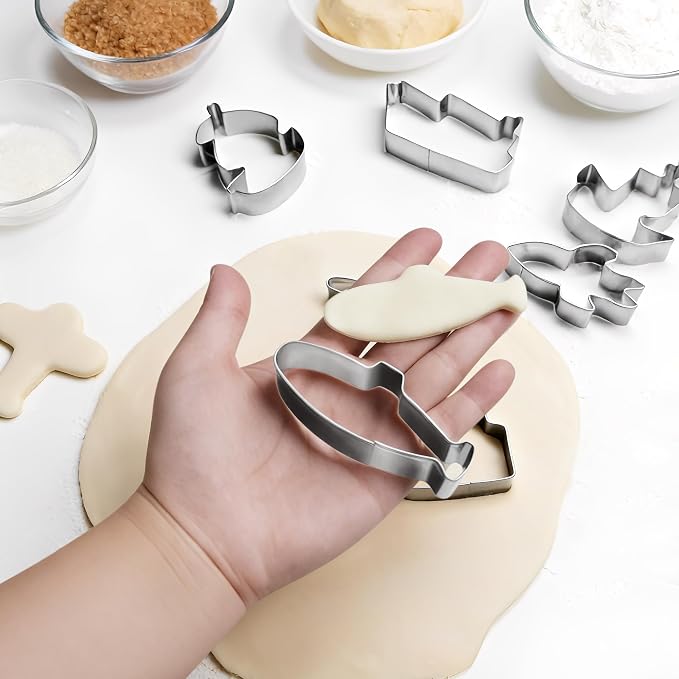 Airplane Cookie Cutter Set - 12Pcs Mini Cookie Cutters Variety Pack with Dough Scraper, Cars, Rocket and Boats Stainless Steel Cookie Mold for Biscuits, Fondant