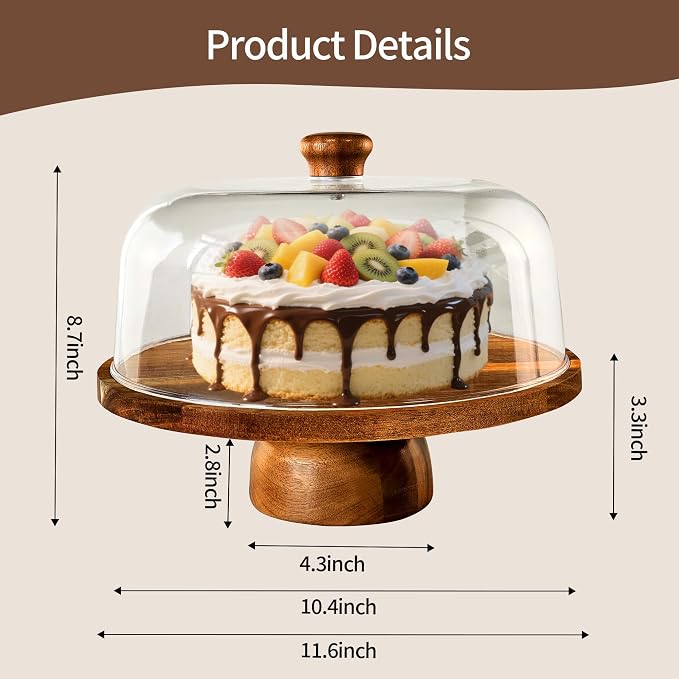 Wood-Cake-Stand With Acrylic Dome Lid, Round Wooden Cake Holder Plate With Cover, 2-in- 1 Dessert Table Display Set For Party, Charcuterie Board For Cheese, Chips & Dips, Nachos, Fruit Platter