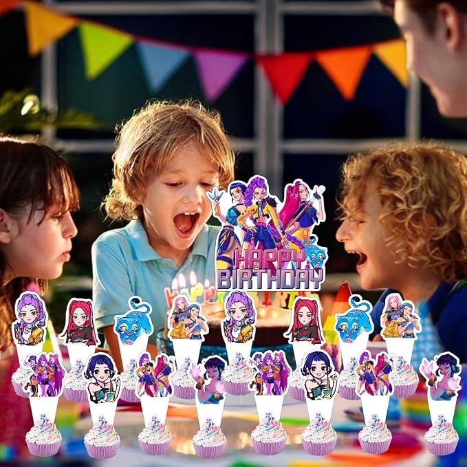 25pcs Demon Hunters Cake Decorations with 24pcs Cupcake Toppers, 1pcs Cake Topper for Demon Hunters Birthday Party Supplies Kids Birthday Decorations
