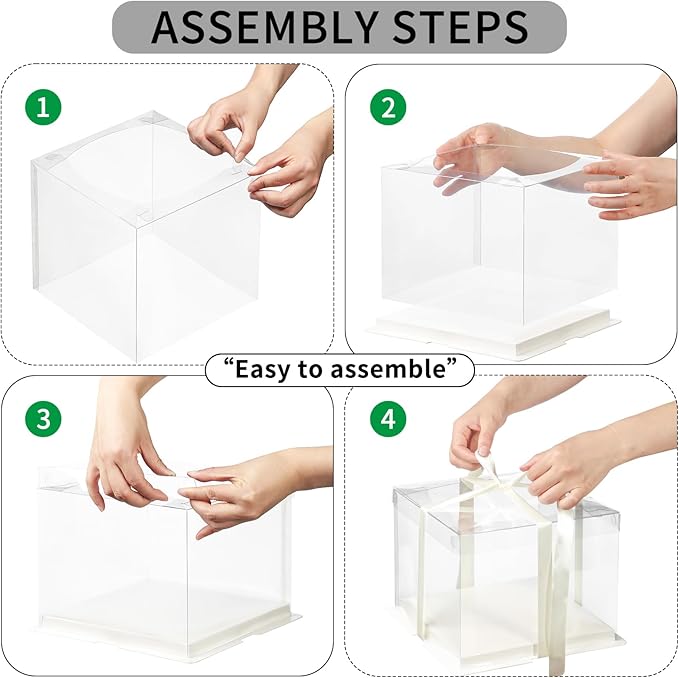 8 Pcs Clear Gift Box with Ribbon 2-Layer 6.7x6.7x7.8 Inch, Transparent Cake Carrier Box with Lids, PET Tall Cake Packaging Boxes, Clear Gift Boxes for Birthday,Wedding and Festival Party