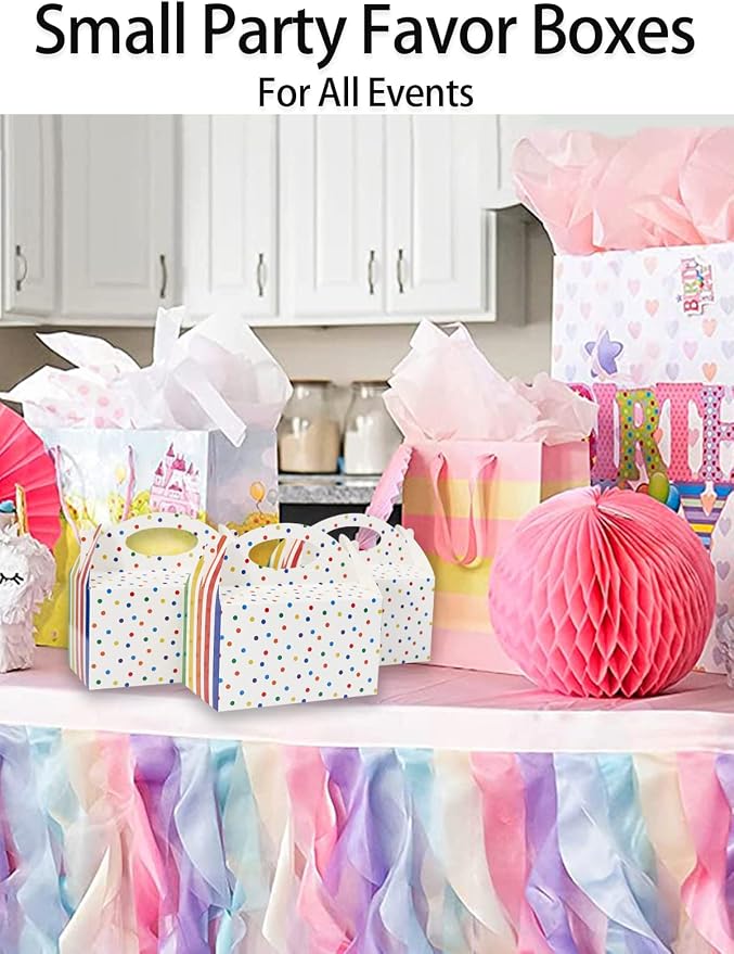 Happyhiram 50 Pcs Rainbow Party Favor Boxes for Kids Birthday Box, Polka Dot and Striped Colorful Birthday Goodie Treat Boxes with Handles 6" Gable Boxes Colorful Candy Boxes Paper Gift Boxes