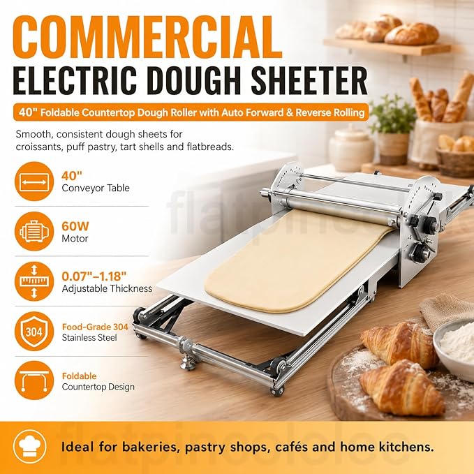 40" Commercial & Home Electric Dough Sheeter, Foldable Dough Roller Machine, Food-Grade Stainless Steel, Adjustable Thickness for Croissants, Puff Pastry, Pasta Sheets, Tortillas, Roti