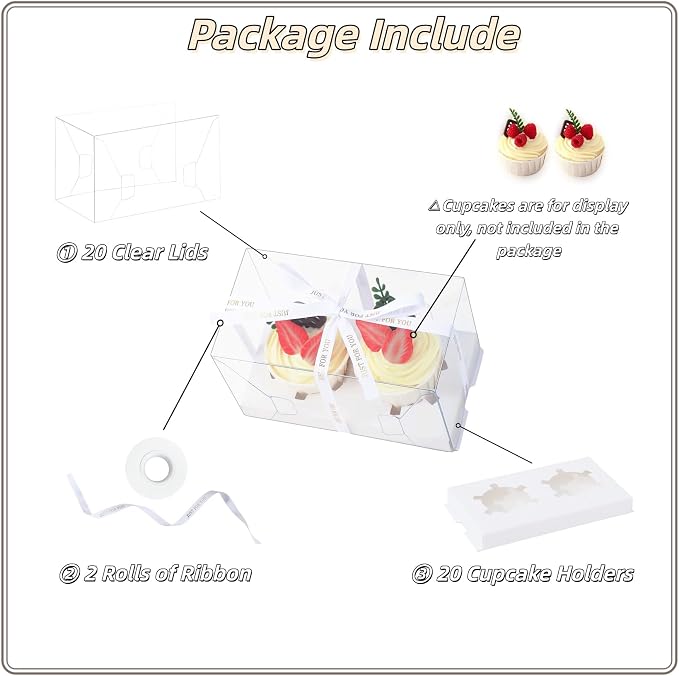 20 Packs 2 Count Clear Cupcake Boxes Cup Cake Holder Containers with Gift Ribbon Cookies Muffins Packaging for Party Baking Wedding plastic Cupcake Carrier for Treat Dessert