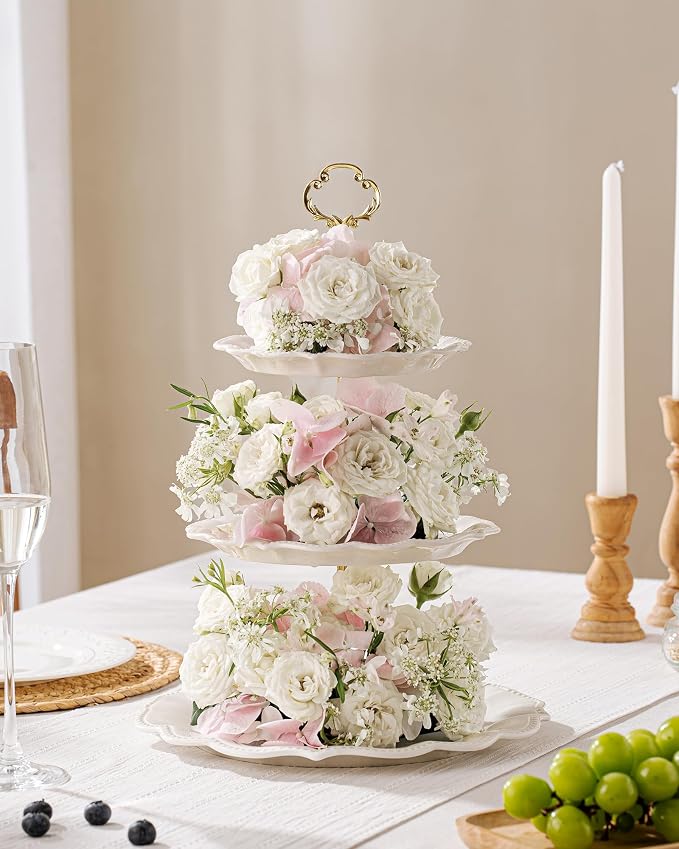 3 Tier Cupcake Stand, Ceramic Tiered Serving Stand | Relief Dessert Tower Tray, Cupcake Holder Tower for Birthday, Baby Shower, Tea Party and Wedding (Ivory)