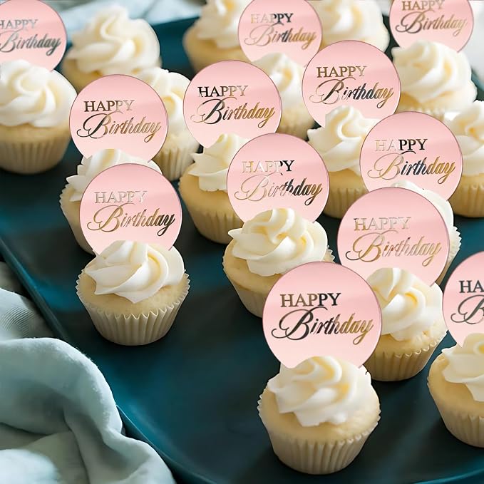20 Pcs Mirror Acrylic Happy Birthday Cupcake Toppers Pink Happy Birthday Cake Topper Engraved Mini Cake Picks for DIY Birthday Gift Flower Bouquet Pastries Desserts Decor