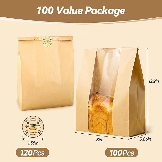 Tripho 50 Pcs Bread Bags for Homemade Bread with Clear Window & 60 Stickers, Sourdough Bread Bags for Storage of Bread,Cookies & Snacks, Large Bakery Paper Bags