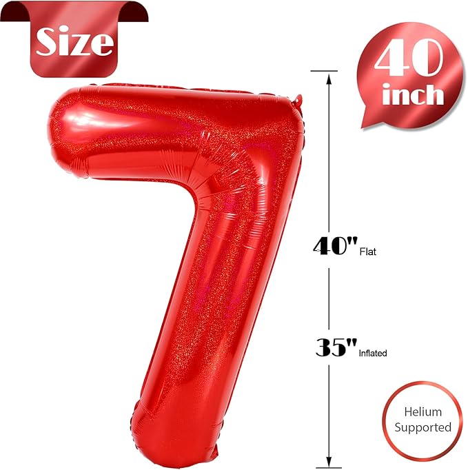 Laser Red 7 Balloon, Number Balloons 40 Inch, 7th Birthday Decorations for Girls Kids, Party Decoration for Women, Number 7 Balloon