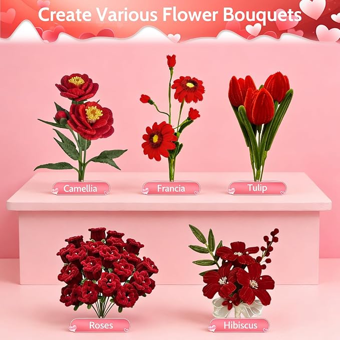 beanicus 600 PCS Valentine's Day Pipe Cleaners Craft, Pipe Cleaners Flowers Kit, Rose Flowers DIY Chenille Stems, Green and Red Pipe Cleaners, Valentines Day Rose Kit, Vday Decoration