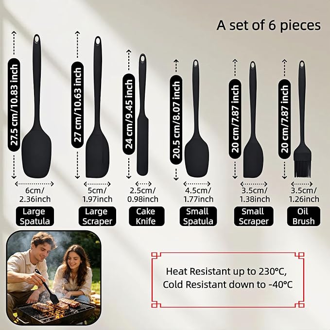6-Piece Silicone Spatula Set, Heat Resistant Up to 230°C, Non-Scratch Non-Stick Cookware, Seamless One-Piece Design,with Pastry Brush for Baking Cooking Mixing (Black)