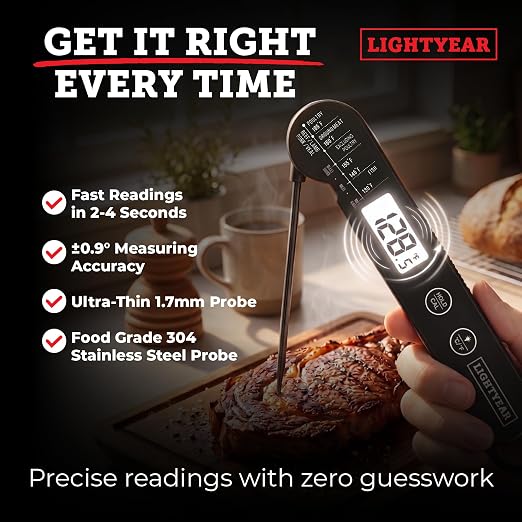 Lightyear Meat Thermometer | Instant Read Cooking Thermometer for Grilling, Roasting & BBQ, Built-in Magnet, IP65 Waterproof, Food-Grade Stainless Steel Temperature Probe