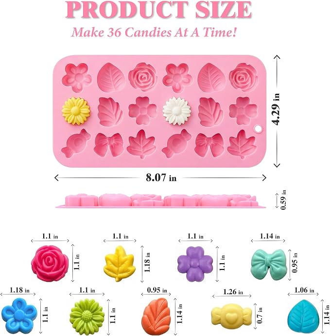 Flower Candy Molds Silicone 2PCS, KKDINDAN 9 Shapes Bite Size Chocolate Molds, Food Grade Spring Rose Daisy Flower Mold Bow Leaf Gummy Molds for Ice Jello Soap Cookie Dessert Melt