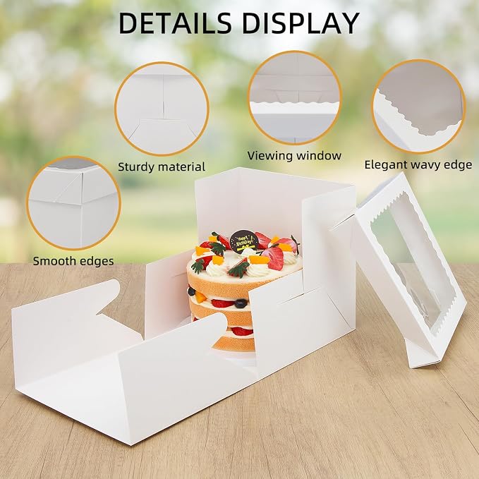 Cake Boxes, 10pcs Tall Cake Box with Window, White Bakery Boxes,10x10x8 Inches Large Baking Boxes, Square Cardboard Cake Box for Multi-Layer Cakes, Cake Decorating Supplies for Gift Giving