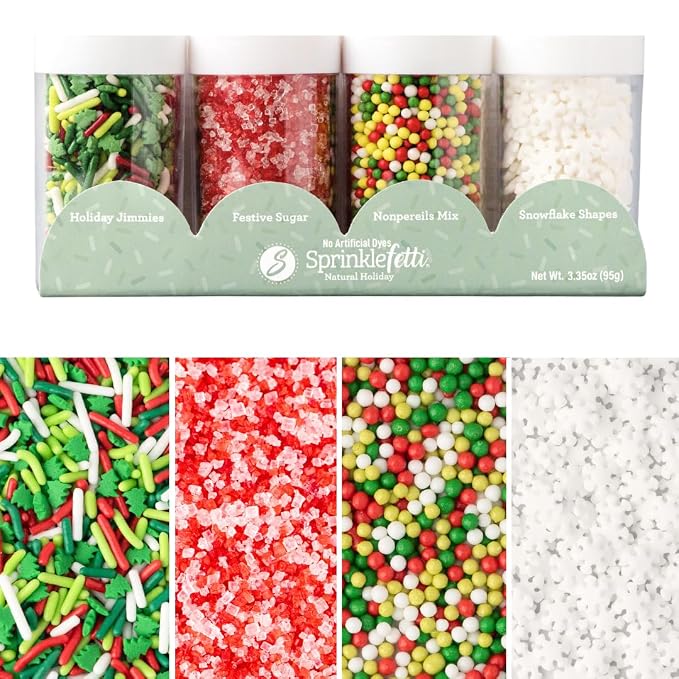 Sweets Indeed Sprinkles, 4 Pack, Edible Sprinkle Mix, Perfect for Cake Decorations, Baking, Ice Cream, Cookies, Cupcake Topper (Dye Free Holiday)