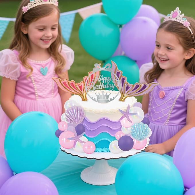 BEISHIDA 27pcs Mermaid Theme Birthday Cake Decorations 3D Tails, Silver Happy Birthday Cake Topper, Seashells & Starfish for Under The Sea Decorations Ocean Mermaid Party for Girls