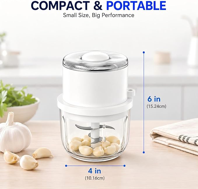 Electric Garlic Chopper,350ML Mini Food Processor,Thick Glass Bowl Mini Chopper,Portable Vegetable Chopper with Upgraded 6 Stainless Steel Blades,Onion Mincer Grinder for Garlic,Chili,Ginger,Nuts