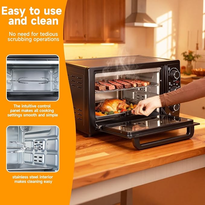 34QT/32L Kitchen Convection Electric Oven, 1500W, Multi-Functional Countertop Toaster Oven with 60-Min Timer, Crispy Roast, Dehydrate, Rotisserie, 6 Accessories Included, Black US Plug