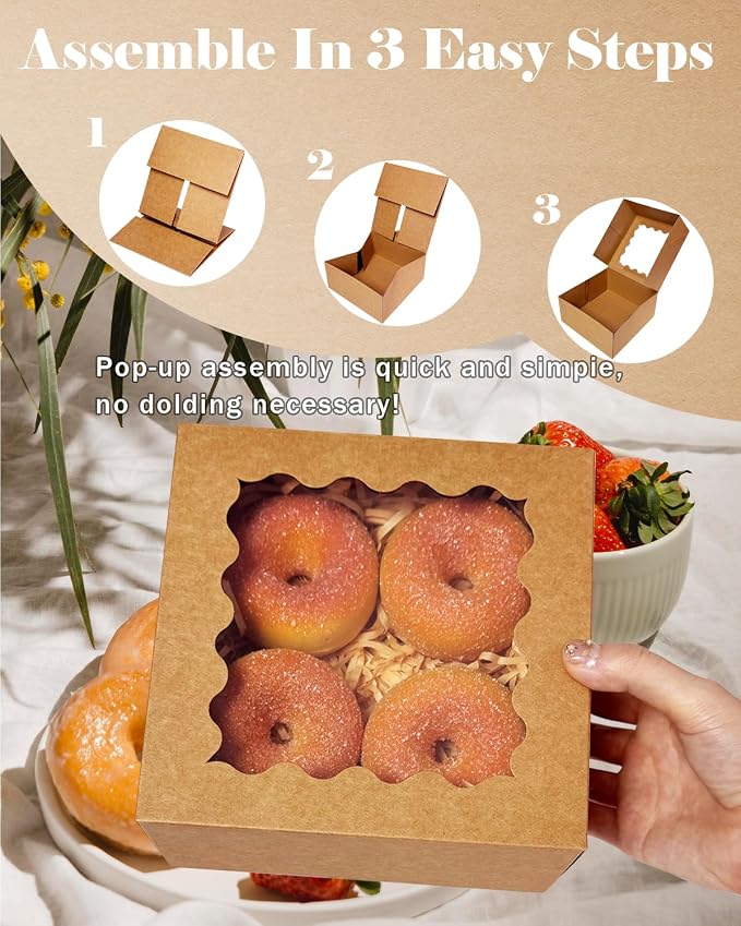qiqee Auto-pop up Cookie Box with Window 6x6x3 Inch Brown 60Pcs Pastry Macaron Bakery Pie Box For Packaging