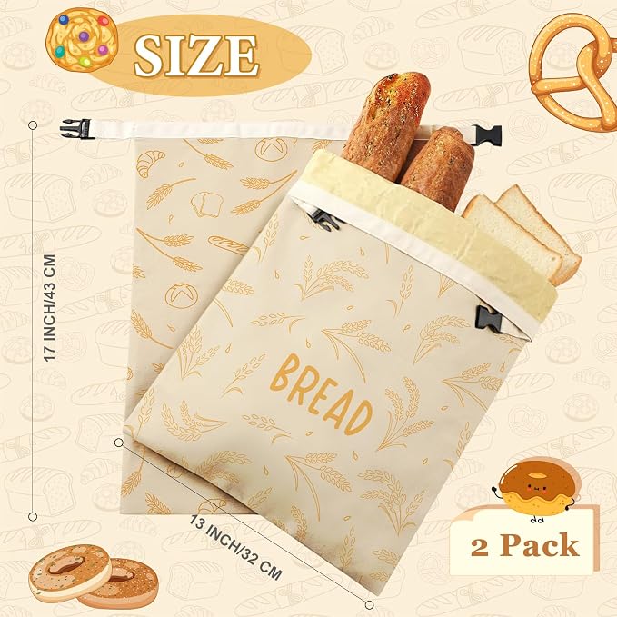 2 Pack Beeswax Bread Bags for Sourdough & Homemade Bread, 17x13 Inch Reusable Linen Beeswax Bread Bag with Buckle to Keeps Bread Freshness for Food Storage(Wheat)