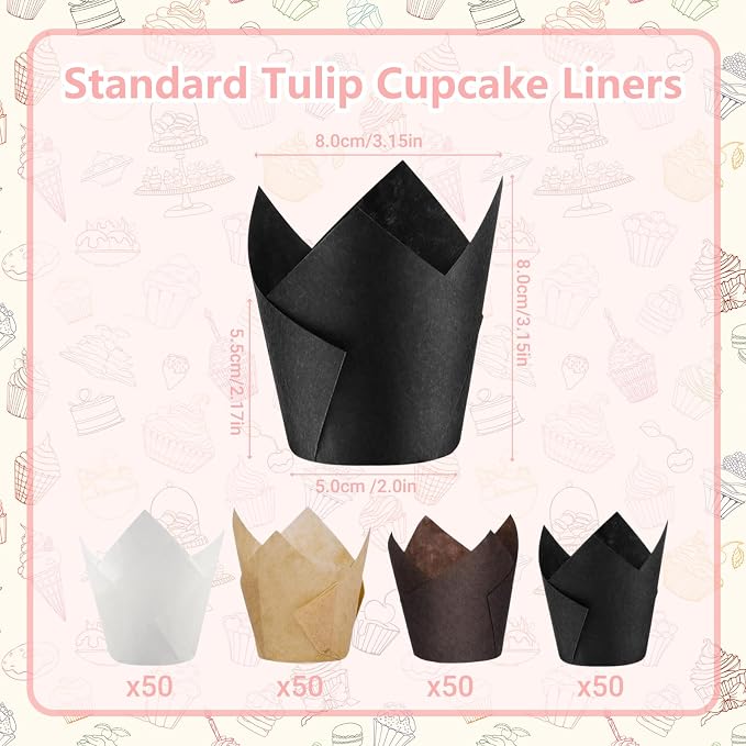 200 Pcs Tulip Cupcake Liners for Baking, White Natural Brown Black | Standard Greaseproof Tulip Muffin Liners for Baking, 3oz Paper Cupcake Wrappers for Party Wedding Birthday