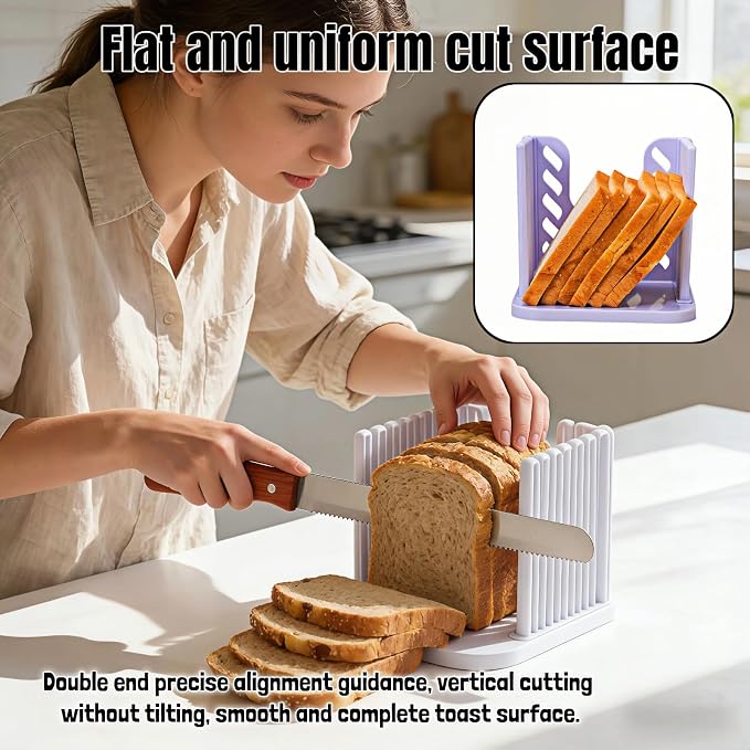Adjustable Bread Slicer for Homemade Toast - 4 Thickness Settings Foldable Bread Cutting Guide with Crumb Tray, Food Grade ABS Kitchen Baking Tool for Bread, Cheese, Fruits & Vegetables