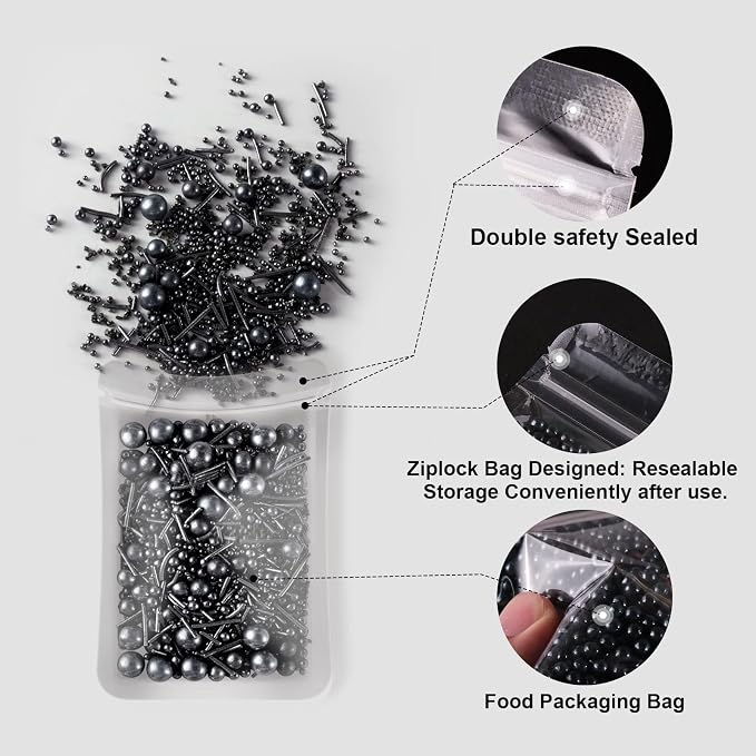 HUEBEATY 6-in-1 Black Edible Cake Pearls Sprinkles for Cake Cookies Decorating and Baking | 180g/6.36oz | Black Sanding Sugar for Cookies | Edible Graduation, Halloween Sprinkles and Decorations